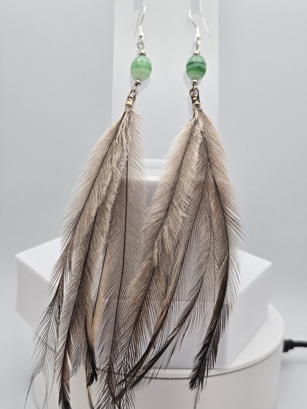 Long Boho Emu Feather Earrings Green Bead Dangle Southwestern 7"